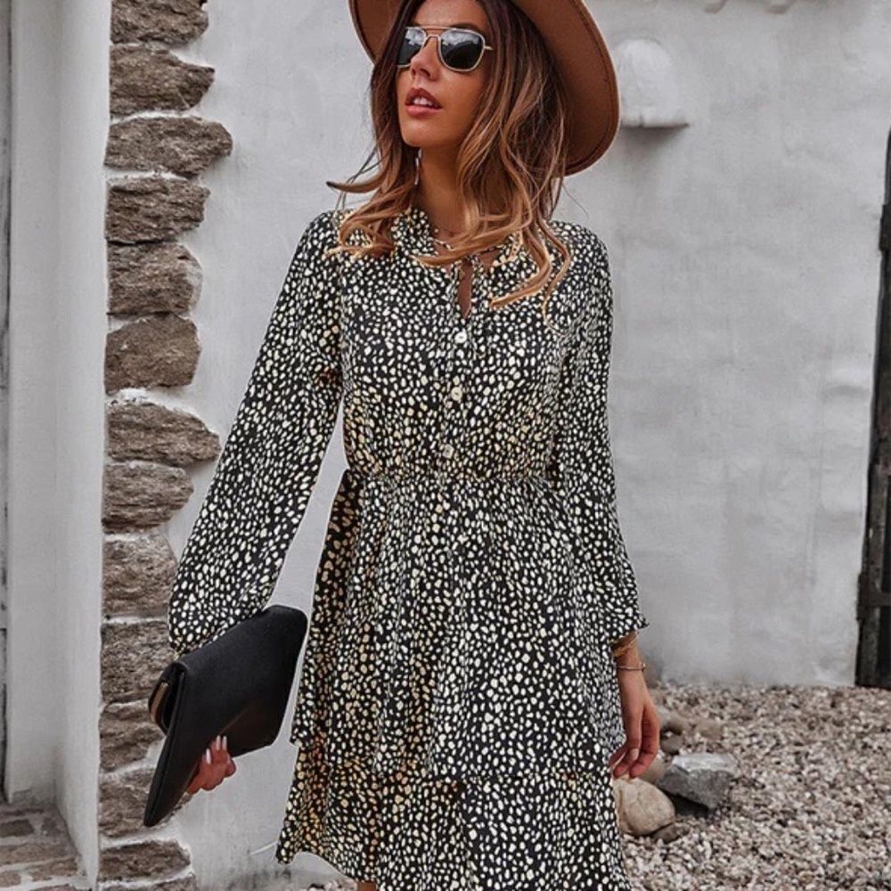 Leopard Tie Neck Long Sleeve Tiered Mini Dress Large